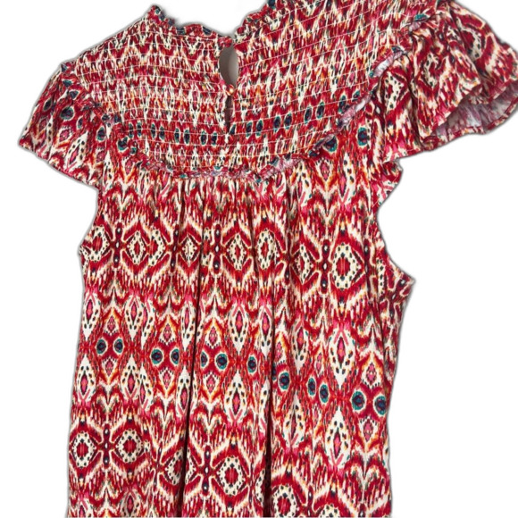 Rose & Olive Smocked Cap Sleeve Keyhole Back Western Print Boho Blouse SZ L - Picture 4 of 13